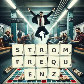 Kreative Illustration für ein Scrabble-Spiel, bei dem das Wort STROMFREQUENZ mit Steinen auf dem Brett gelegt wurde.