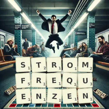 Kreative Illustration für ein Scrabble-Spiel, bei dem das Wort STROMFREQUENZEN mit Steinen auf dem Brett gelegt wurde.