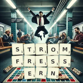 Kreative Illustration für ein Scrabble-Spiel, bei dem das Wort STROMFRESSERN mit Steinen auf dem Brett gelegt wurde.