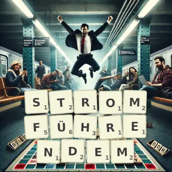 Kreative Illustration für ein Scrabble-Spiel, bei dem das Wort STROMFÜHRENDEM mit Steinen auf dem Brett gelegt wurde.