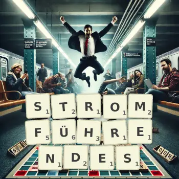 Kreative Illustration für ein Scrabble-Spiel, bei dem das Wort STROMFÜHRENDES mit Steinen auf dem Brett gelegt wurde.