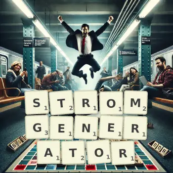 Kreative Illustration für ein Scrabble-Spiel, bei dem das Wort STROMGENERATOR mit Steinen auf dem Brett gelegt wurde.