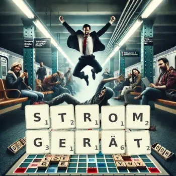 Kreative Illustration für ein Scrabble-Spiel, bei dem das Wort STROMGERÄT mit Steinen auf dem Brett gelegt wurde.