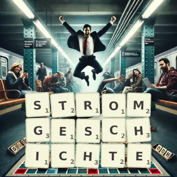 Kreative Illustration für ein Scrabble-Spiel, bei dem das Wort STROMGESCHICHTE mit Steinen auf dem Brett gelegt wurde.