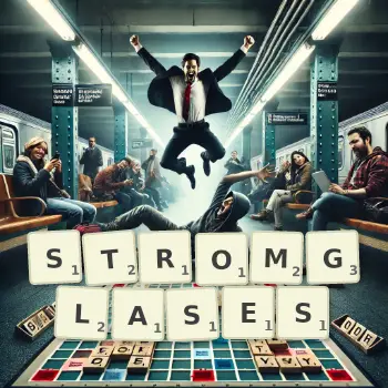 Kreative Illustration für ein Scrabble-Spiel, bei dem das Wort STROMGLASES mit Steinen auf dem Brett gelegt wurde.