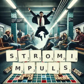 Kreative Illustration für ein Scrabble-Spiel, bei dem das Wort STROMIMPULS mit Steinen auf dem Brett gelegt wurde.