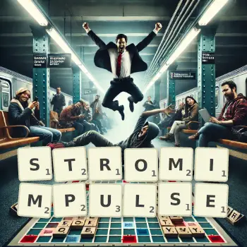 Kreative Illustration für ein Scrabble-Spiel, bei dem das Wort STROMIMPULSE mit Steinen auf dem Brett gelegt wurde.