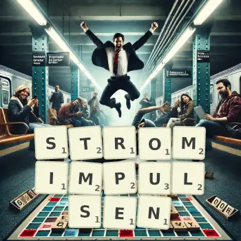 Kreative Illustration für ein Scrabble-Spiel, bei dem das Wort STROMIMPULSEN mit Steinen auf dem Brett gelegt wurde.