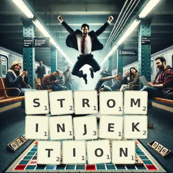 Kreative Illustration für ein Scrabble-Spiel, bei dem das Wort STROMINJEKTION mit Steinen auf dem Brett gelegt wurde.