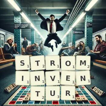 Kreative Illustration für ein Scrabble-Spiel, bei dem das Wort STROMINVENTUR mit Steinen auf dem Brett gelegt wurde.