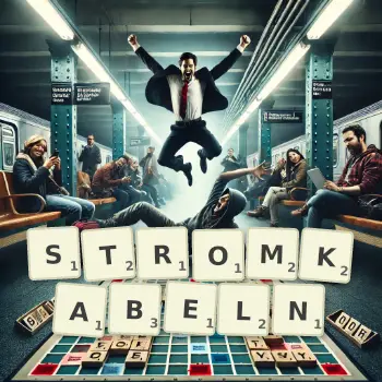 Kreative Illustration für ein Scrabble-Spiel, bei dem das Wort STROMKABELN mit Steinen auf dem Brett gelegt wurde.