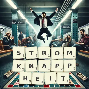 Kreative Illustration für ein Scrabble-Spiel, bei dem das Wort STROMKNAPPHEIT mit Steinen auf dem Brett gelegt wurde.