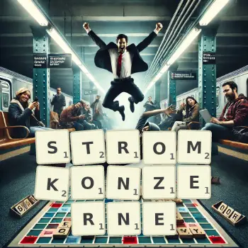 Kreative Illustration für ein Scrabble-Spiel, bei dem das Wort STROMKONZERNE mit Steinen auf dem Brett gelegt wurde.