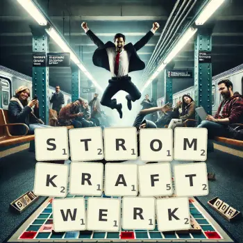 Kreative Illustration für ein Scrabble-Spiel, bei dem das Wort STROMKRAFTWERK mit Steinen auf dem Brett gelegt wurde.