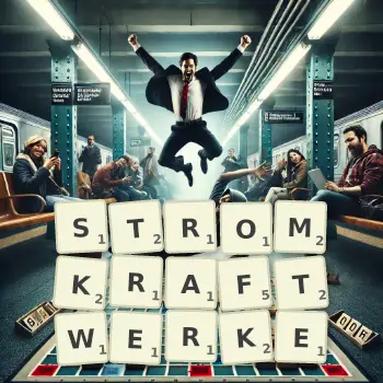 Kreative Illustration für ein Scrabble-Spiel, bei dem das Wort STROMKRAFTWERKE mit Steinen auf dem Brett gelegt wurde.