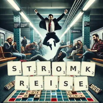 Kreative Illustration für ein Scrabble-Spiel, bei dem das Wort STROMKREISE mit Steinen auf dem Brett gelegt wurde.