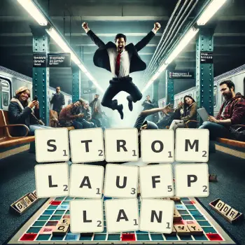 Kreative Illustration für ein Scrabble-Spiel, bei dem das Wort STROMLAUFPLAN mit Steinen auf dem Brett gelegt wurde.