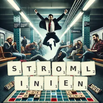 Kreative Illustration für ein Scrabble-Spiel, bei dem das Wort STROMLINIEN mit Steinen auf dem Brett gelegt wurde.