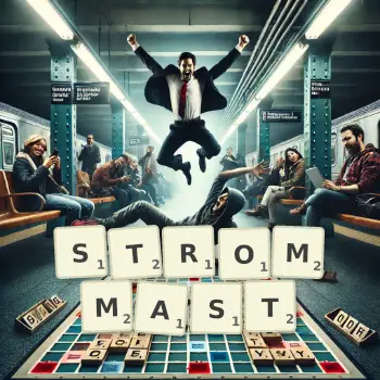 Kreative Illustration für ein Scrabble-Spiel, bei dem das Wort STROMMAST mit Steinen auf dem Brett gelegt wurde.