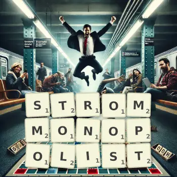Kreative Illustration für ein Scrabble-Spiel, bei dem das Wort STROMMONOPOLIST mit Steinen auf dem Brett gelegt wurde.