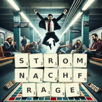 Kreative Illustration für ein Scrabble-Spiel, bei dem das Wort STROMNACHFRAGE mit Steinen auf dem Brett gelegt wurde.