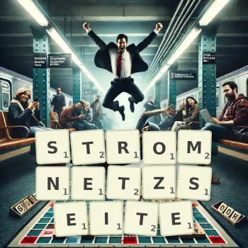 Kreative Illustration für ein Scrabble-Spiel, bei dem das Wort STROMNETZSEITE mit Steinen auf dem Brett gelegt wurde.