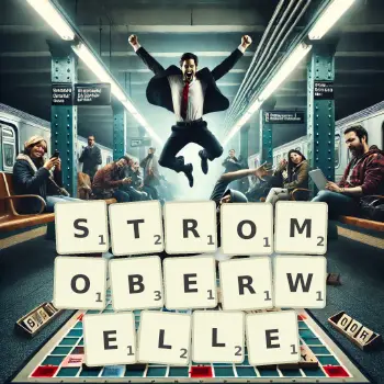 Kreative Illustration für ein Scrabble-Spiel, bei dem das Wort STROMOBERWELLE mit Steinen auf dem Brett gelegt wurde.