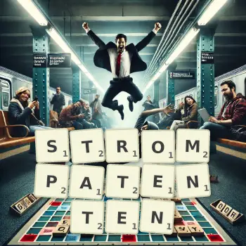 Kreative Illustration für ein Scrabble-Spiel, bei dem das Wort STROMPATENTEN mit Steinen auf dem Brett gelegt wurde.