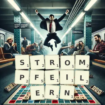 Kreative Illustration für ein Scrabble-Spiel, bei dem das Wort STROMPFEILERN mit Steinen auf dem Brett gelegt wurde.