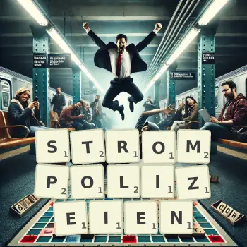 Kreative Illustration für ein Scrabble-Spiel, bei dem das Wort STROMPOLIZEIEN mit Steinen auf dem Brett gelegt wurde.