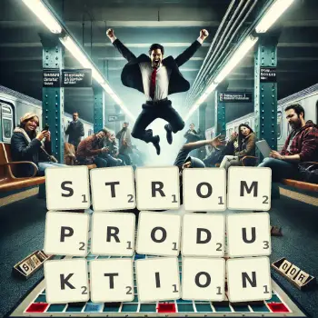 Kreative Illustration für ein Scrabble-Spiel, bei dem das Wort STROMPRODUKTION mit Steinen auf dem Brett gelegt wurde.