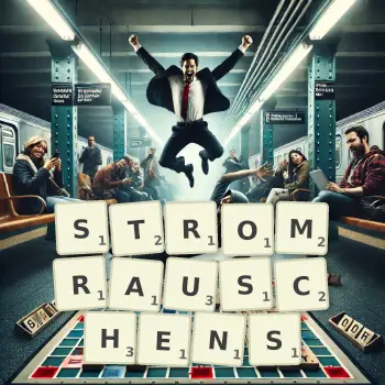 Kreative Illustration für ein Scrabble-Spiel, bei dem das Wort STROMRAUSCHENS mit Steinen auf dem Brett gelegt wurde.