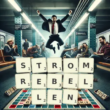 Kreative Illustration für ein Scrabble-Spiel, bei dem das Wort STROMREBELLEN mit Steinen auf dem Brett gelegt wurde.
