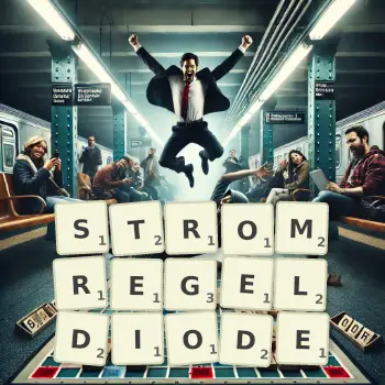 Kreative Illustration für ein Scrabble-Spiel, bei dem das Wort STROMREGELDIODE mit Steinen auf dem Brett gelegt wurde.