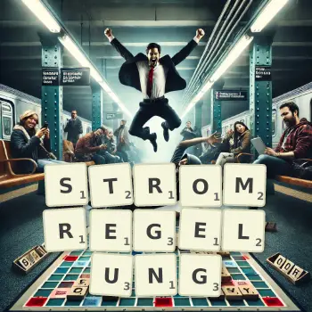 Kreative Illustration für ein Scrabble-Spiel, bei dem das Wort STROMREGELUNG mit Steinen auf dem Brett gelegt wurde.