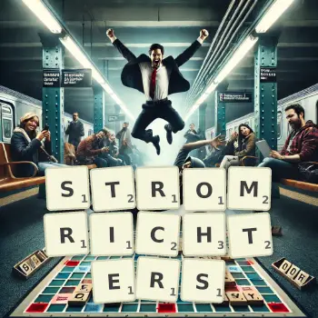 Kreative Illustration für ein Scrabble-Spiel, bei dem das Wort STROMRICHTERS mit Steinen auf dem Brett gelegt wurde.