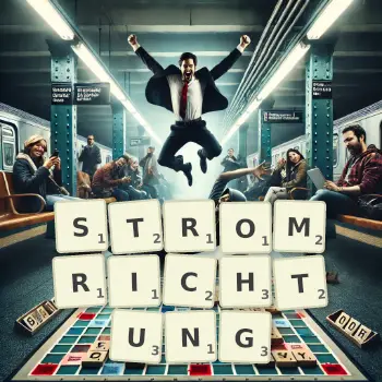 Kreative Illustration für ein Scrabble-Spiel, bei dem das Wort STROMRICHTUNG mit Steinen auf dem Brett gelegt wurde.