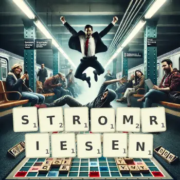 Kreative Illustration für ein Scrabble-Spiel, bei dem das Wort STROMRIESEN mit Steinen auf dem Brett gelegt wurde.