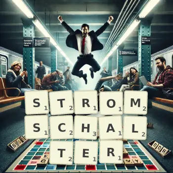 Kreative Illustration für ein Scrabble-Spiel, bei dem das Wort STROMSCHALTER mit Steinen auf dem Brett gelegt wurde.