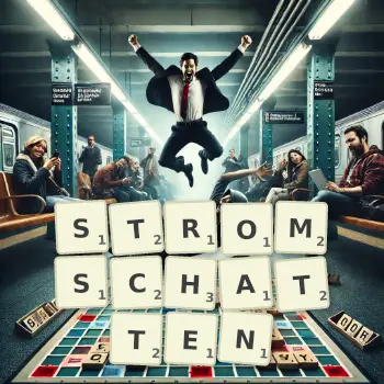 Kreative Illustration für ein Scrabble-Spiel, bei dem das Wort STROMSCHATTEN mit Steinen auf dem Brett gelegt wurde.