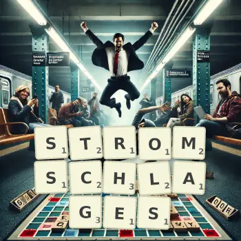 Kreative Illustration für ein Scrabble-Spiel, bei dem das Wort STROMSCHLAGES mit Steinen auf dem Brett gelegt wurde.