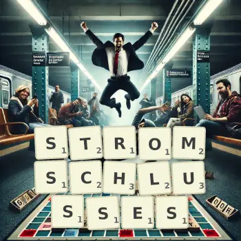 Kreative Illustration für ein Scrabble-Spiel, bei dem das Wort STROMSCHLUSSES mit Steinen auf dem Brett gelegt wurde.