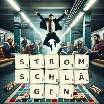 Kreative Illustration für ein Scrabble-Spiel, bei dem das Wort STROMSCHLÄGEN mit Steinen auf dem Brett gelegt wurde.