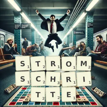 Kreative Illustration für ein Scrabble-Spiel, bei dem das Wort STROMSCHRITTE mit Steinen auf dem Brett gelegt wurde.