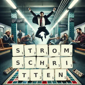 Kreative Illustration für ein Scrabble-Spiel, bei dem das Wort STROMSCHRITTEN mit Steinen auf dem Brett gelegt wurde.