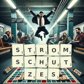 Kreative Illustration für ein Scrabble-Spiel, bei dem das Wort STROMSCHUTZES mit Steinen auf dem Brett gelegt wurde.