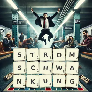Kreative Illustration für ein Scrabble-Spiel, bei dem das Wort STROMSCHWANKUNG mit Steinen auf dem Brett gelegt wurde.
