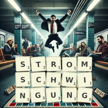 Kreative Illustration für ein Scrabble-Spiel, bei dem das Wort STROMSCHWINGUNG mit Steinen auf dem Brett gelegt wurde.