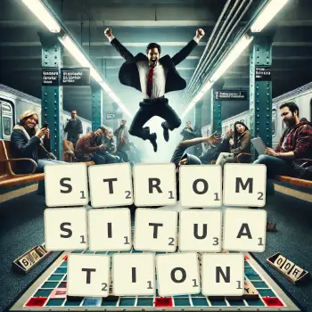 Kreative Illustration für ein Scrabble-Spiel, bei dem das Wort STROMSITUATION mit Steinen auf dem Brett gelegt wurde.