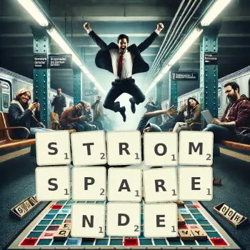 Kreative Illustration für ein Scrabble-Spiel, bei dem das Wort STROMSPARENDE mit Steinen auf dem Brett gelegt wurde.